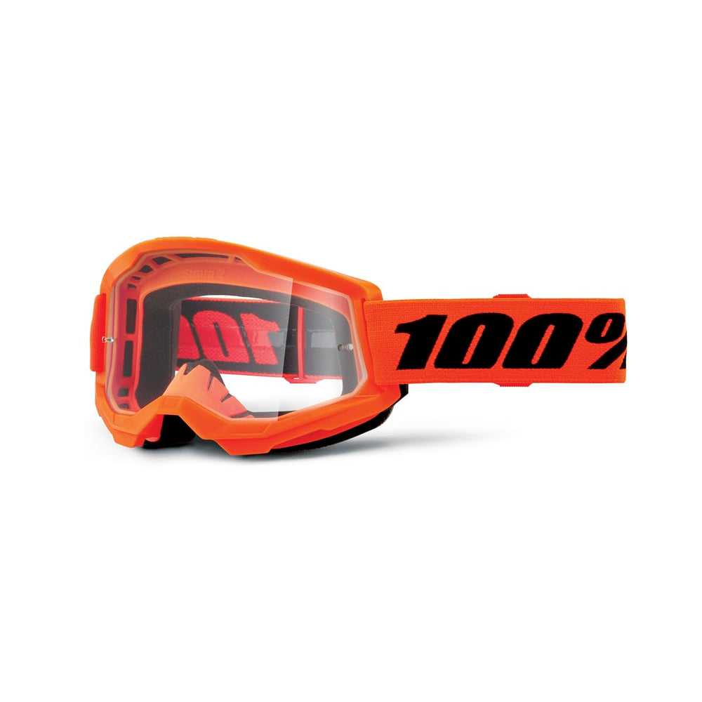 100% Strata 2 neon orange front view showing clear lens and wide field of vision benefit