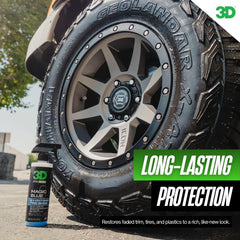 close-up of tire treated with 3D Magic Blue showing deep black shine