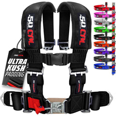 50 Caliber Racing front view of black 4-point harness showing full restraint and fit