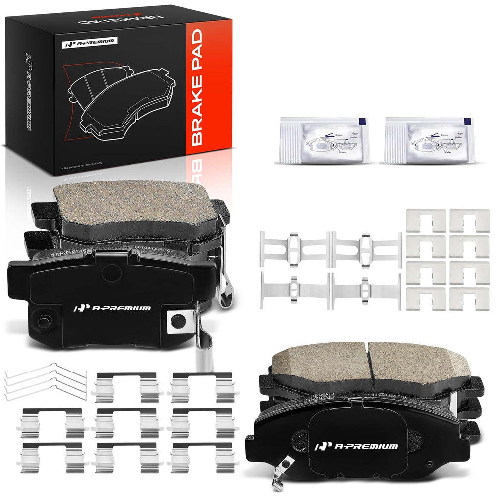 A-Premium full front and rear ceramic brake pad kit shown as a complete set, convenient