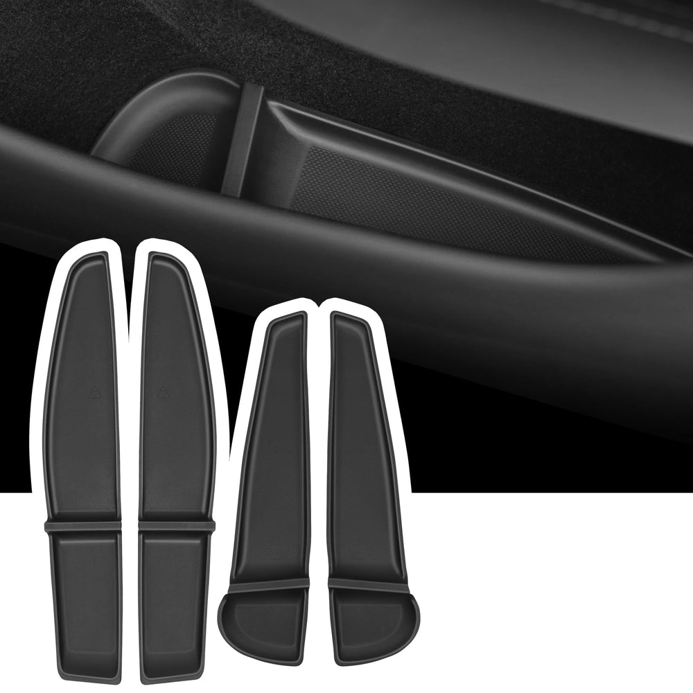 Abystar front door tray installed in Model Y Juniper showing neat storage benefit