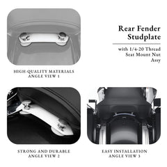 AC-MTORC studplate installed on Harley fender demonstrating secure seat mount benefit
