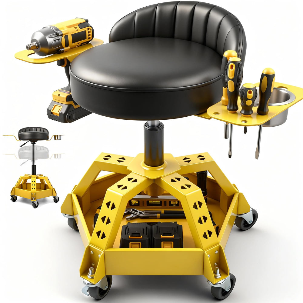 ACCUCRAFT front view of yellow mechanic stool showing sturdy frame and footprint for stability