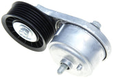 ACDelco Gold front view tensioner assembly showing mount and pulley, ensures correct belt alignment