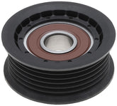 ACDelco idler pulley front view showing mounting hub and correct fit for reliable belt routing