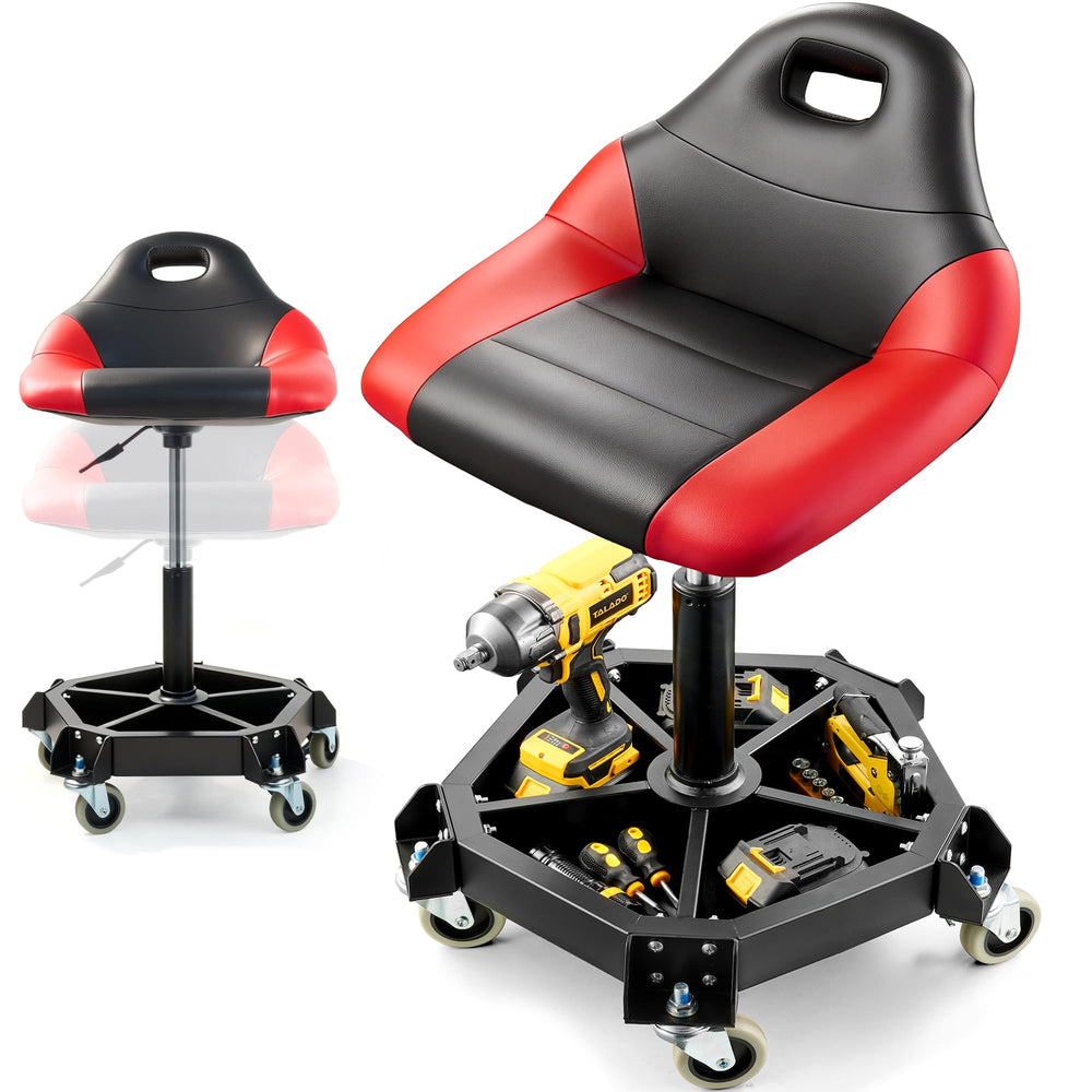 ACCUCRAFT front view of rolling shop stool shows sturdy frame and ergonomic seat for comfort
