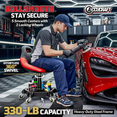 ACCUCRAFT stool in garage next to car demonstrating mobility and workflow benefit