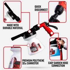 Adam's Foam Gun canister close-up showing clear bottle and volume markings for accurate mixing