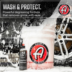 Adam's Polishes shampoo diluted in wash bucket with mitt showing safe suds for cleaning