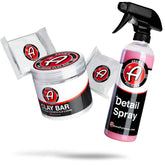 Adam's Polishes jar front showing two 100g fine clay bars, conveys ready-to-use convenience