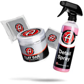 Adam's Polishes jar with two medium clay bars showing kit contents and easy storage benefit