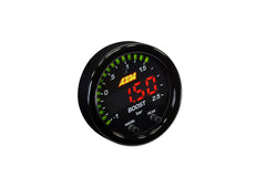 AEM boost gauge front view showing black bezel and clear scale for quick reading
