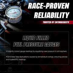 Aeromotive close-up of 1.5 inch dial offering precise readings