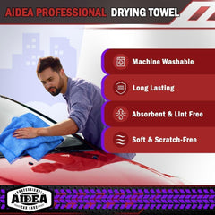 AIDEA towel in use on car hood demonstrating fast water removal