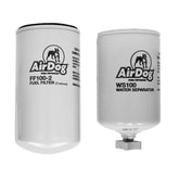 AirDog front packaging showing WS100 and FF100-2 replacements and compatibility benefits