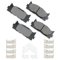 Akebono pad close-up showing ceramic surface and low-dust advantage
