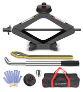 ALIXUEQIN scissor jack front view showing sturdy alloy-steel and compact design benefit