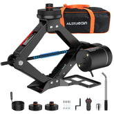 ALIXUEQIN front view of black electric scissor jack showing compact design and durability