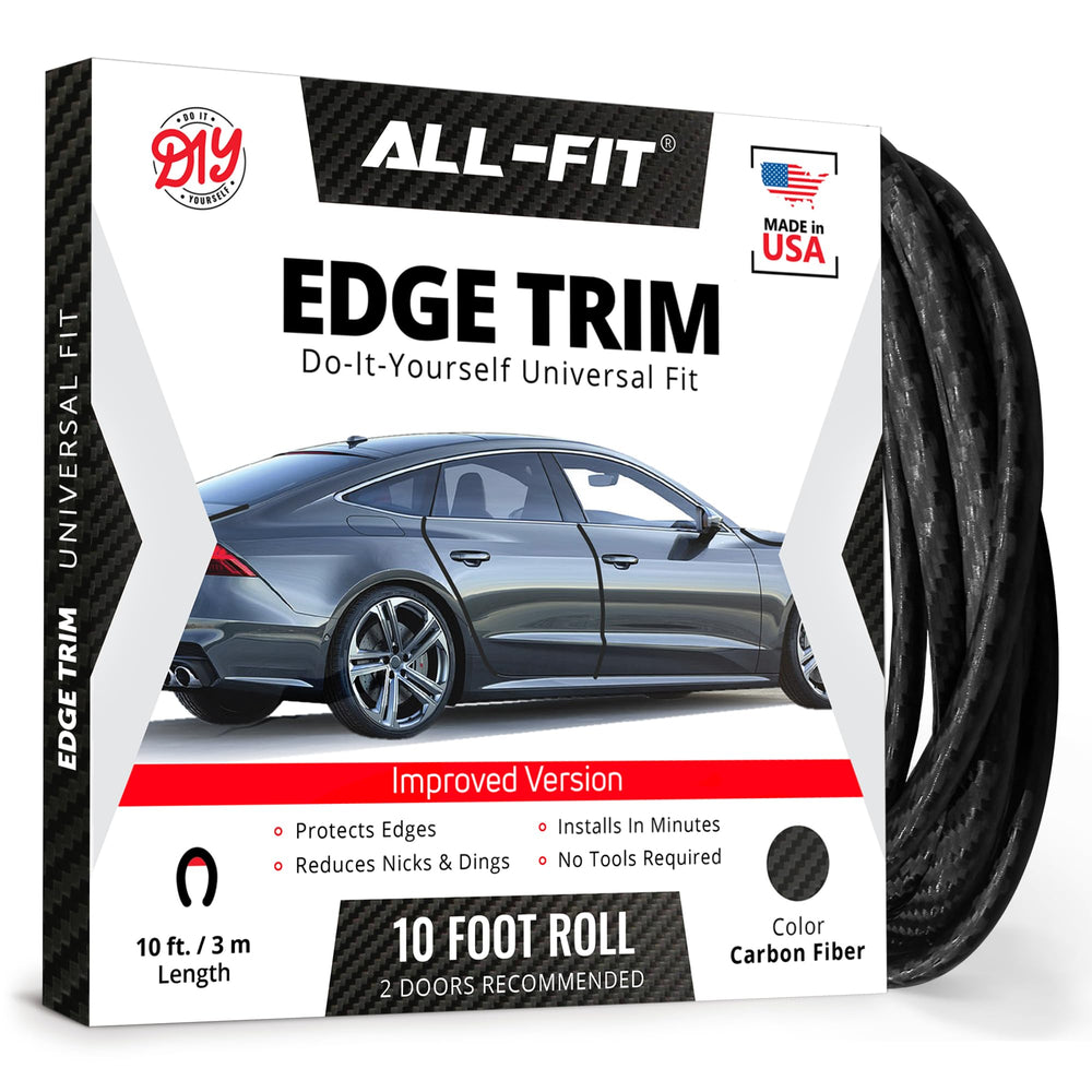 All-Fit Automotive front packaging showing 10 ft carbon fiber trim protecting edges