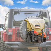 ALL-TOP front view of gobi tan spare tire bag showing secure X-strap fit and reflective strip, keeps gear tidy