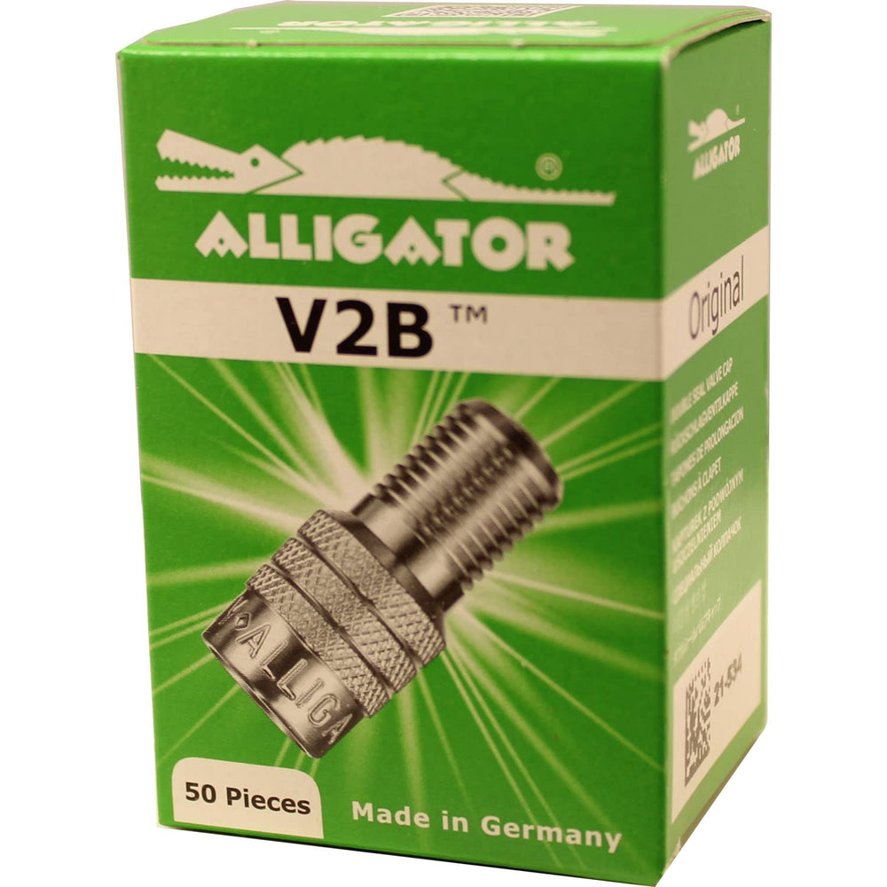 Alligator V2B front view pack showing 50 caps and quick-install benefit