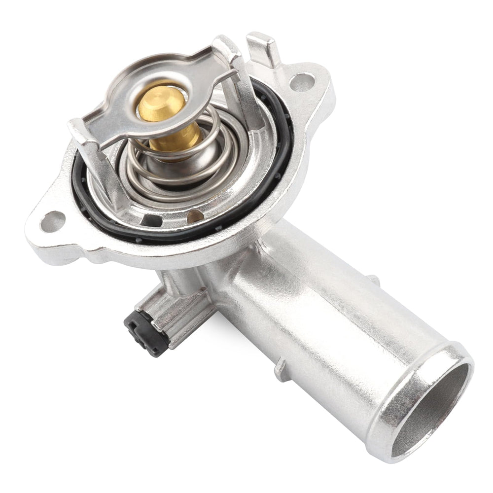 Allmotorparts front view of aluminium thermostat housing showcasing fit and durability
