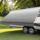AlphabetAcre front view of 15ft ombré gray awning showing full coverage benefit