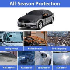 AltoCover installed on a sedan outdoors demonstrating hail and snow protection