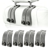 Amelity front view of four gray headrest hooks showing compact storage benefit