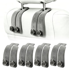 Amelity front view of four gray headrest hooks showing compact storage benefit