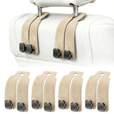 Amelity headrest hook front view showing sleek beige design and tidy storage benefit