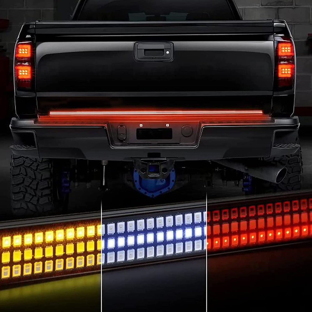 AMEXMART front view of full-length tailgate light bar showing bright visibility
