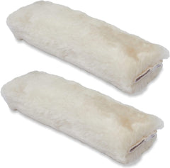 Andalus Brands front packaging showing two pearl sheepskin seat belt pads offering cushioned comfort