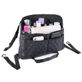 ANLEM front view of black faux leather seat caddy showing two compartments for organized storage