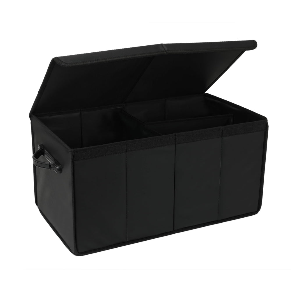 AOKJOY front view of open organizer showing three compartments and lid for tidy storage