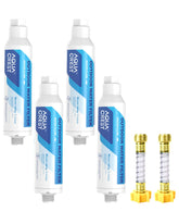 AQUA CREST front view showing inline filter and threaded ends, improves rinse water quality