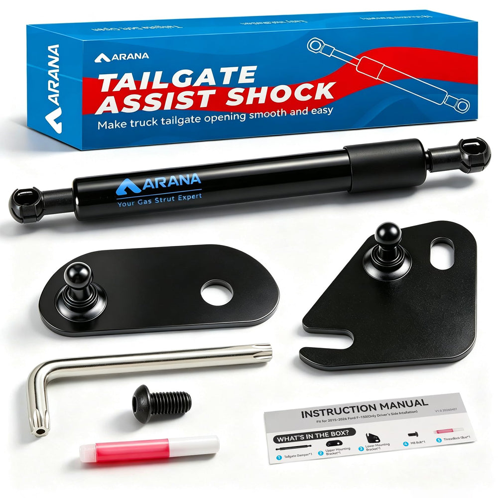 ARANA tailgate assist front-mounted on Ford F-150 showing smooth drop benefit