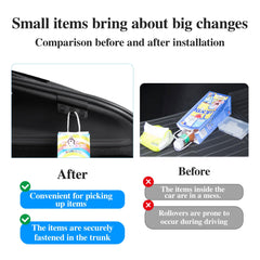 Arcoche installed left trunk seam with hook in place, secures grocery bags