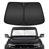 ARISMOTOR front view of sun shade fitted to Ford Bronco windshield showing full coverage benefit
