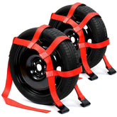 ARMORLOGISTICS front view of two red tow dolly straps showing packaging and straps