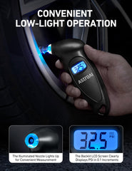AstroAI backlit display at night providing clear numeric pressure readout for safe checks
