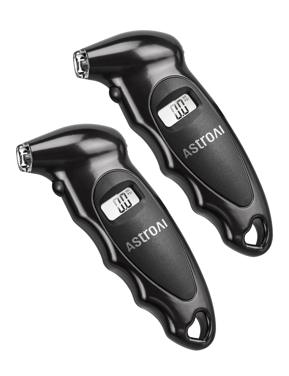 AstroAI front view of digital tire pressure gauge showing compact design and controls for easy use