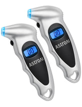 AstroAI front view of digital tire gauge showing compact silver housing and screen for quick checks