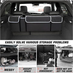 AUCELI hanging in car backseat demonstrating space-saving benefit