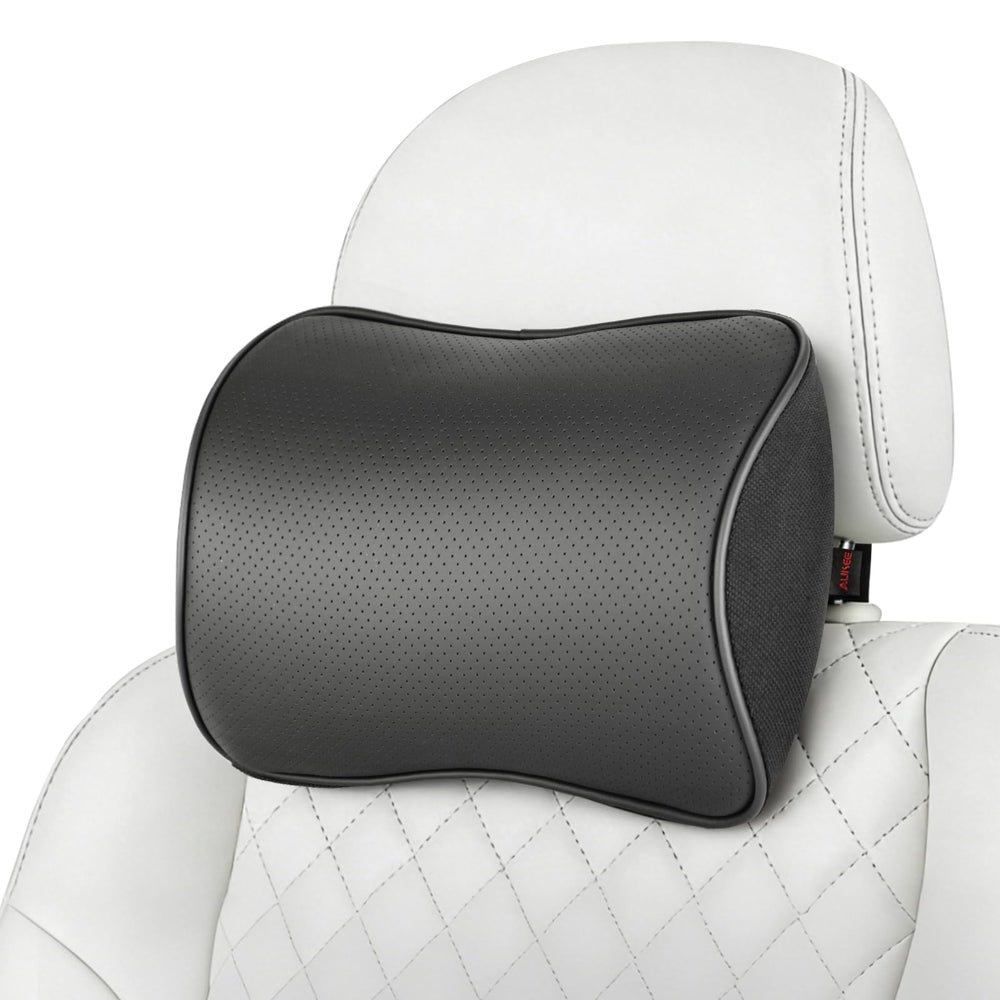 Aukee headrest front view showing shape and sleek black leather for comfortable support