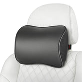 Aukee headrest front view showing shape and sleek black leather for comfortable support