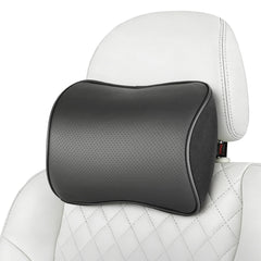 Aukee headrest front view showing shape and sleek black leather for comfortable support