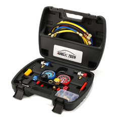 AURELIO TECH manifold front view showing four-valve block and color-coded ports for accurate work