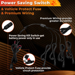 Auto Buero wiring harness with switch laid out, shows simple plug-and-play installation benefit