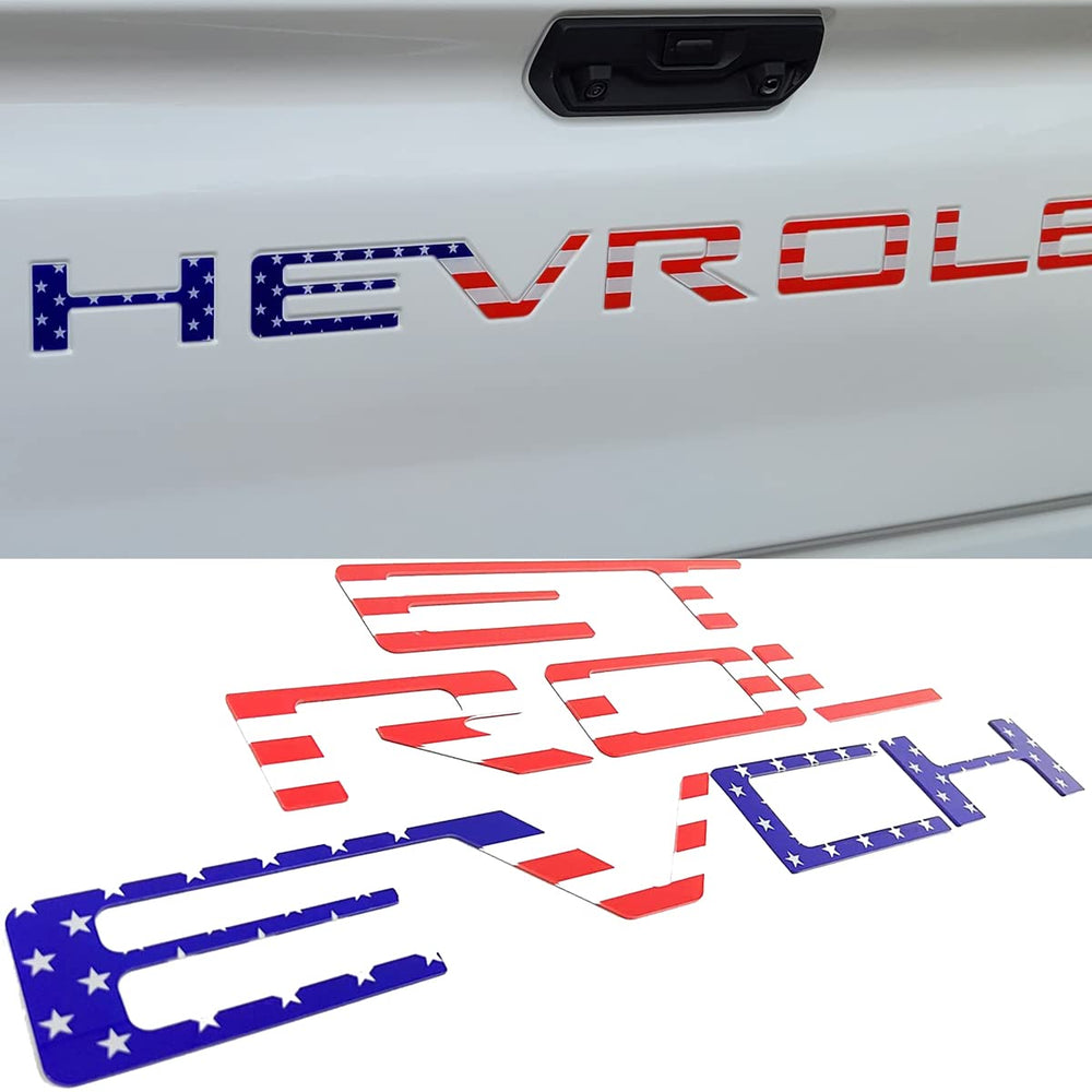 Auto safety front view of tailgate letters showing flush fit and clear American flag accents